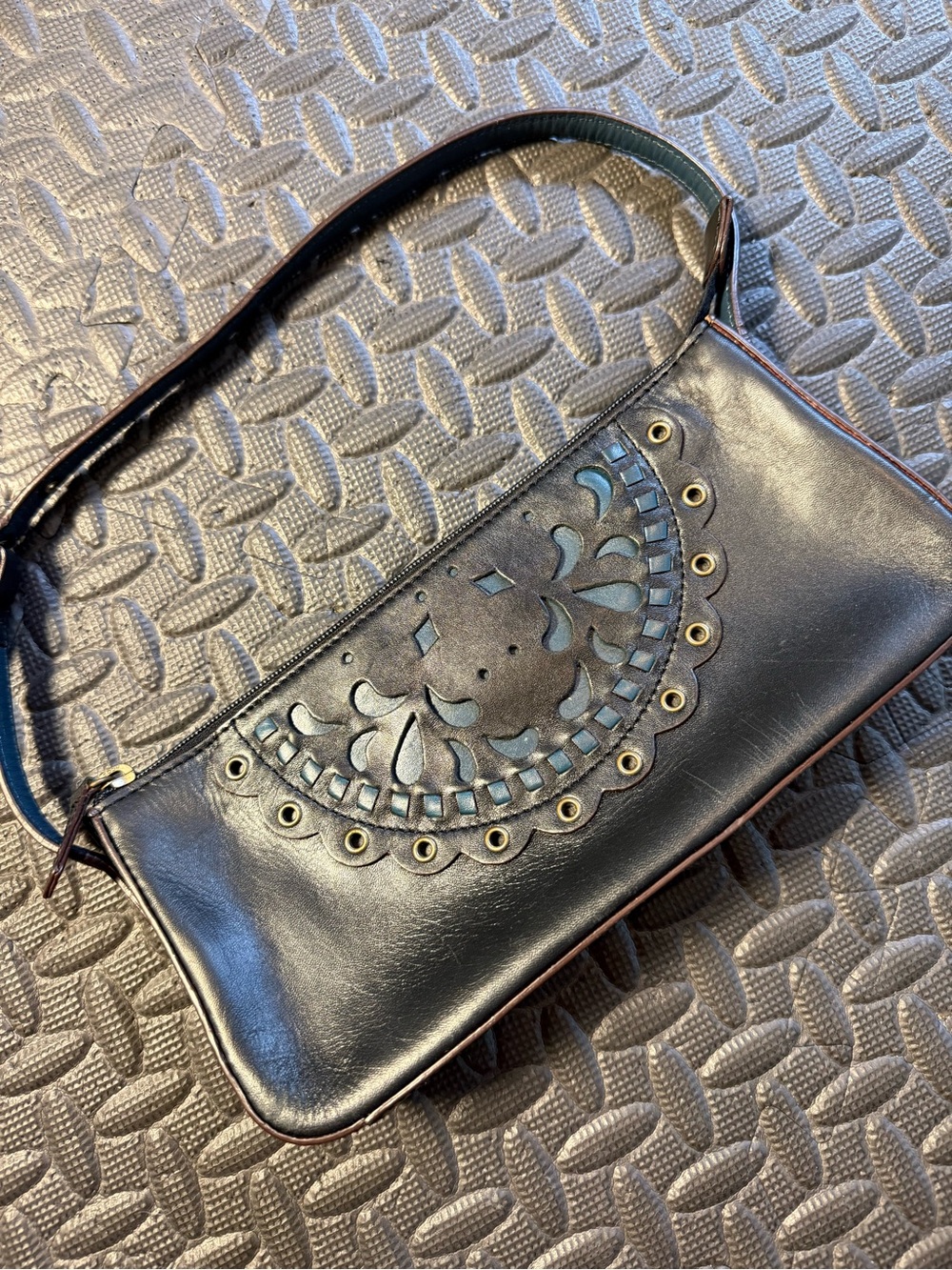 Hype Black Leather Cutout Grommet Shoulder Bag Y2K